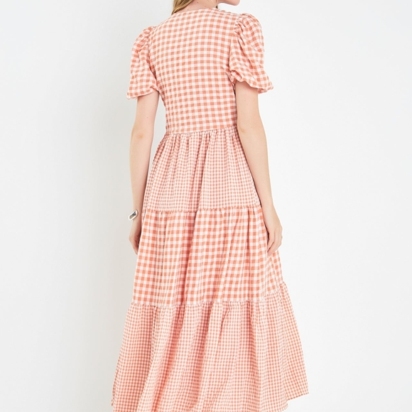 Gingham Puff Sleeve Midi Dress - Pink - Picture 4 of 5